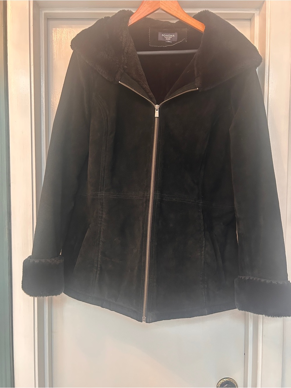 Sonoma Black Suede Shearling-Trim Zip Jacket